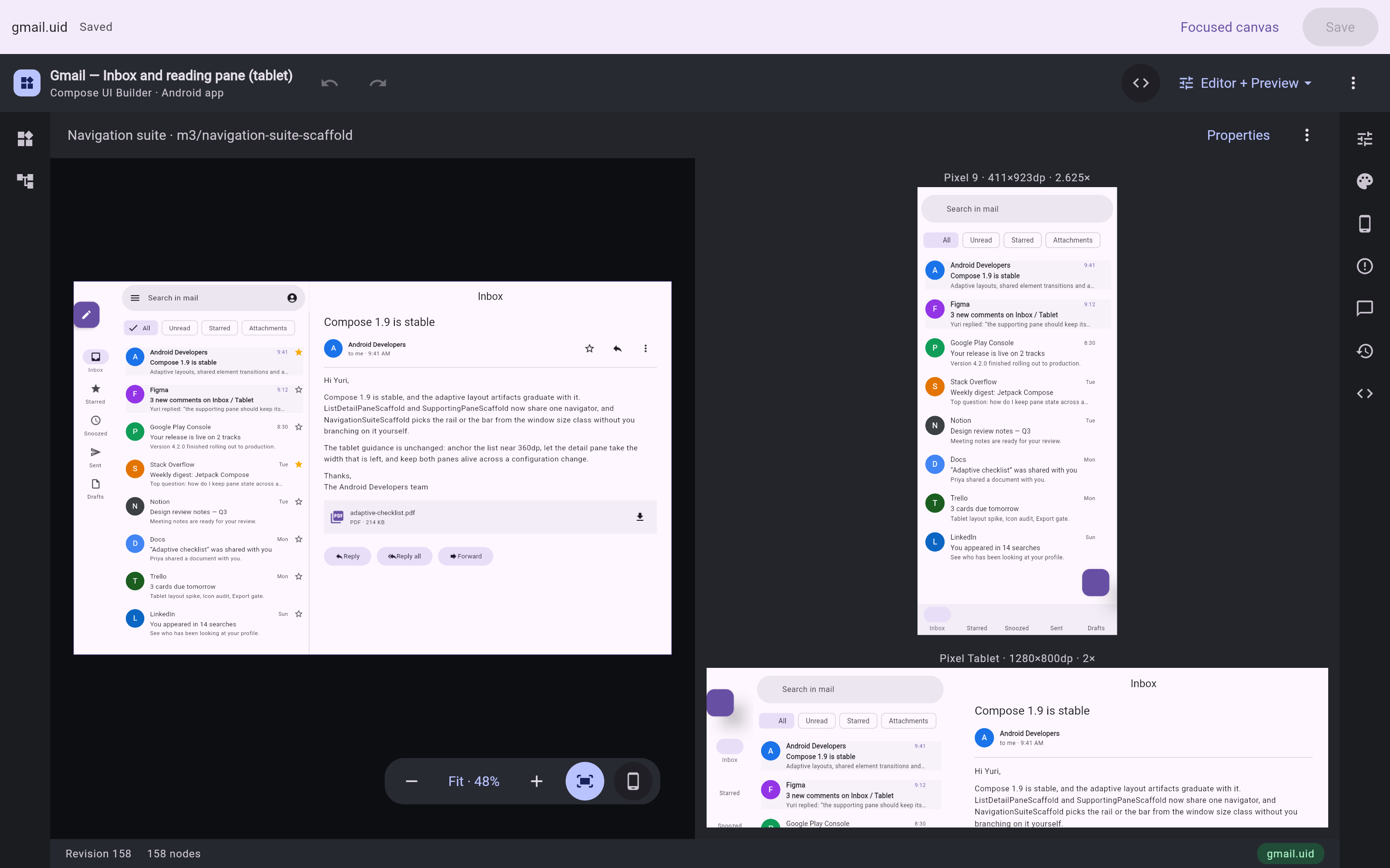 A Material 3 tablet inbox with a list and reading pane in the editor