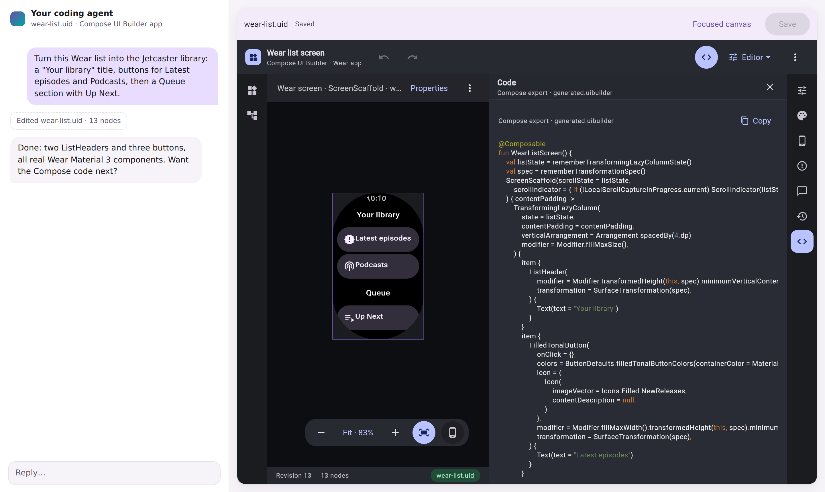 An agent chat beside the Compose UI Builder: a Wear OS library screen on the canvas and its generated Compose code in the side panel